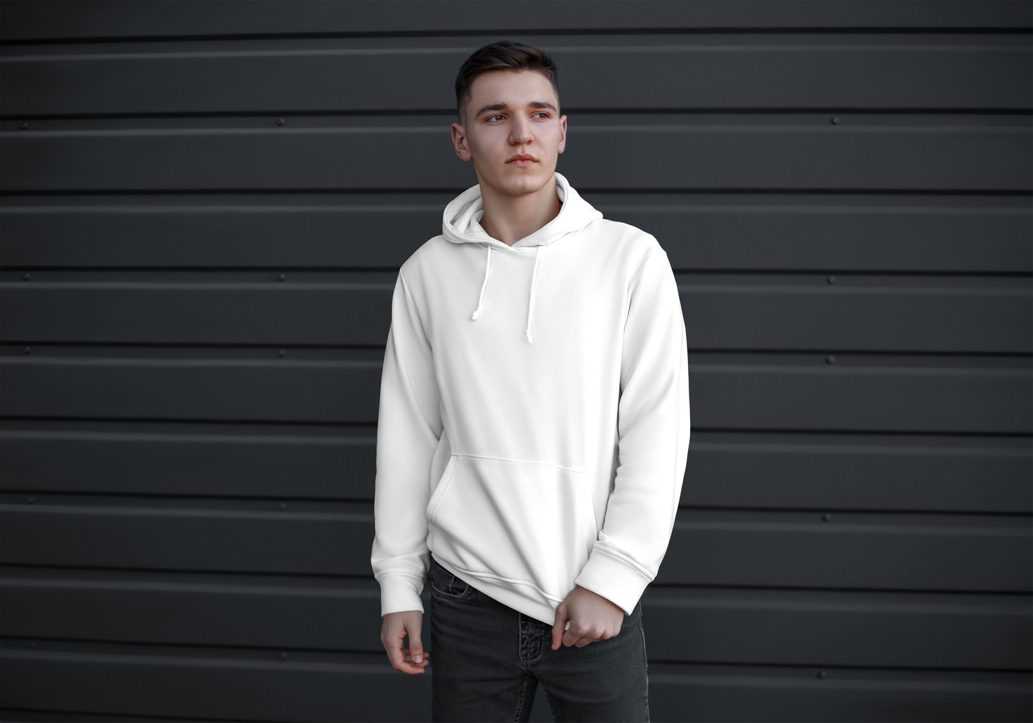 White Men's Hoodie with a Pocket on a Guy